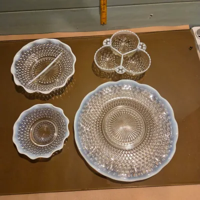 Sale Photo Thumbnail #108: How cute is that 3 compartment relish??? Anchor Hocking Moonstone divided relish dishes, large round platter and a small ruffle edge dish