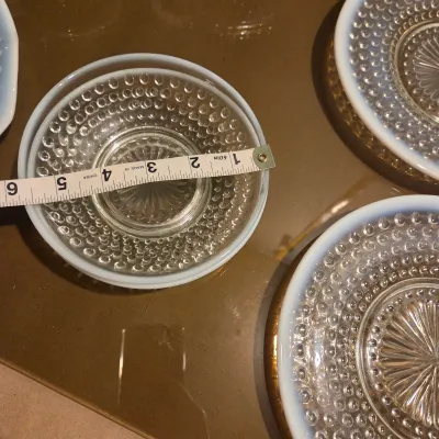 Sale Photo Thumbnail #105: Set of 4 plates, 2 shallow small dishes and a covered candy dish in Anchor Hocking Moonstone.