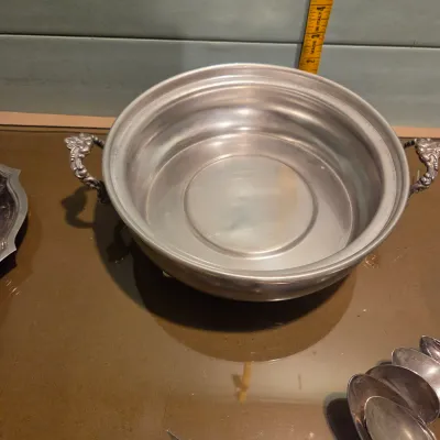 Sale Photo Thumbnail #75: Handful of interesting silver plate / stainless, the casserole is particularly pretty with a secondary removable band, couple smallish platters and some napkin rings