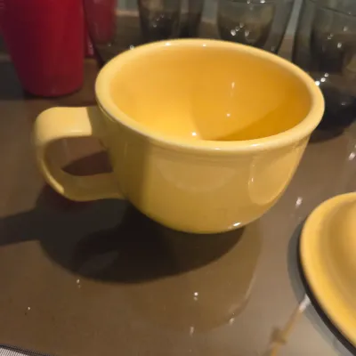 Sale Photo Thumbnail #25: Misc lot of yellow fiesta, great red wine goblets, set of smoke glasses and red plastic cups