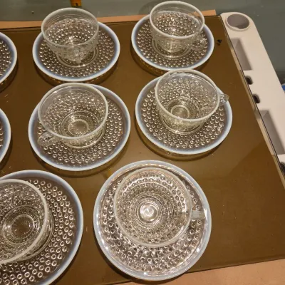 Sale Photo Thumbnail #97: Set of 8 anchor Hocking Moonstone cups and saucers