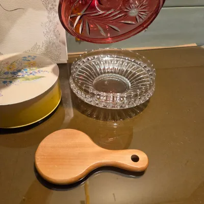 Sale Photo Thumbnail #7: Sweet lot including a gorgeous cut ruby flashed powder box, a pincushion and thimble and other vintage vanity type items