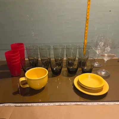 Sale Photo Thumbnail #21: Misc lot of yellow fiesta, great red wine goblets, set of smoke glasses and red plastic cups