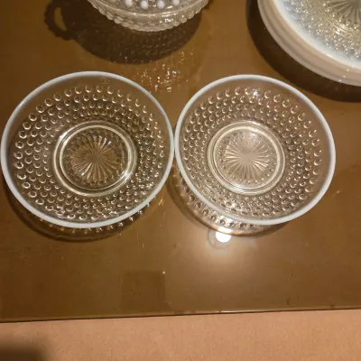 Sale Photo Thumbnail #101: Set of 4 plates, 2 shallow small dishes and a covered candy dish in Anchor Hocking Moonstone.