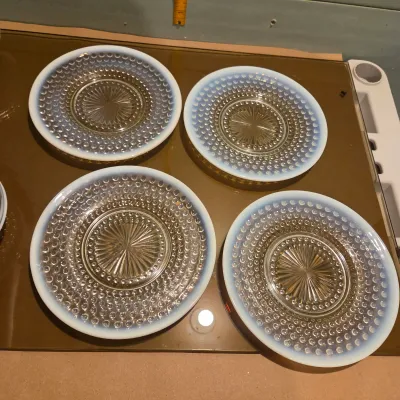 Sale Photo Thumbnail #103: Set of 4 plates, 2 shallow small dishes and a covered candy dish in Anchor Hocking Moonstone.