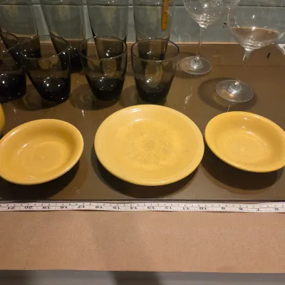 Sale Photo Thumbnail #24: Misc lot of yellow fiesta, great red wine goblets, set of smoke glasses and red plastic cups
