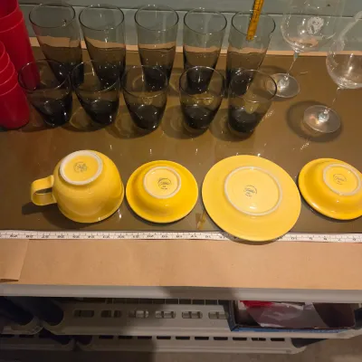 Sale Photo Thumbnail #27: Misc lot of yellow fiesta, great red wine goblets, set of smoke glasses and red plastic cups
