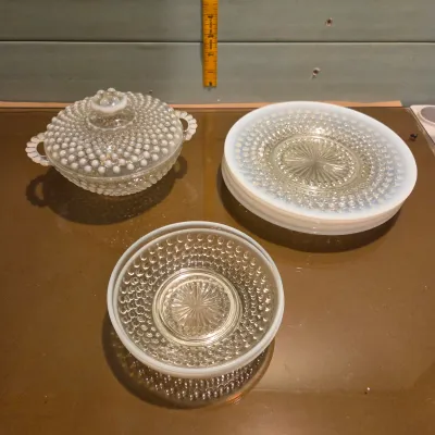 Sale Photo Thumbnail #100: Set of 4 plates, 2 shallow small dishes and a covered candy dish in Anchor Hocking Moonstone.
