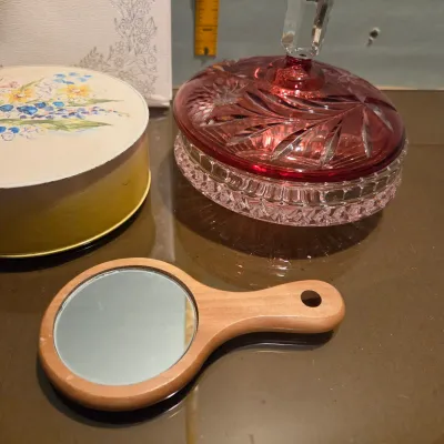 Sale Photo Thumbnail #6: Sweet lot including a gorgeous cut ruby flashed powder box, a pincushion and thimble and other vintage vanity type items