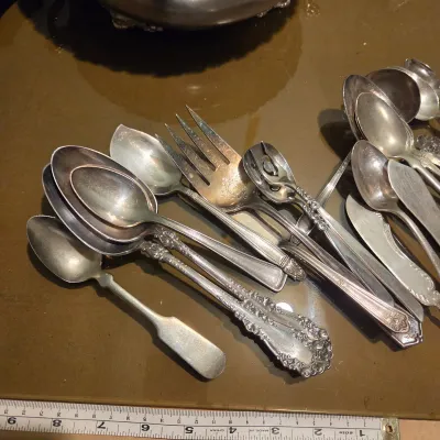 Sale Photo Thumbnail #79: Handful of interesting silver plate / stainless, the casserole is particularly pretty with a secondary removable band, couple smallish platters and some napkin rings