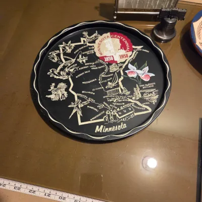 Sale Photo Thumbnail #59: Couple trivets, metal Minnesota tray, PA platter (so cute), coin sorter, liberty bell