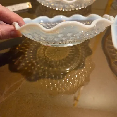 Sale Photo Thumbnail #111: How cute is that 3 compartment relish??? Anchor Hocking Moonstone divided relish dishes, large round platter and a small ruffle edge dish