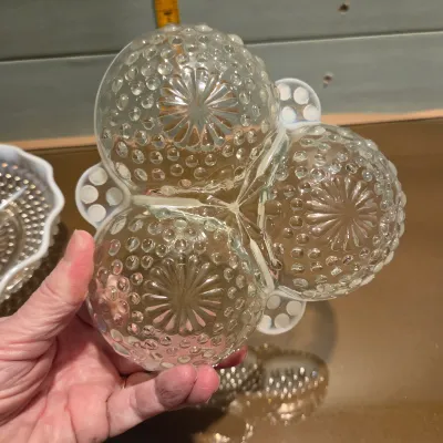 Sale Photo Thumbnail #114: How cute is that 3 compartment relish??? Anchor Hocking Moonstone divided relish dishes, large round platter and a small ruffle edge dish