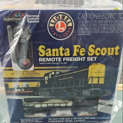 Lionel LionChief Santa Fe Scout Remote Freight Set, O-gauge ready-to-run train set, in original box with plastic wrap.
