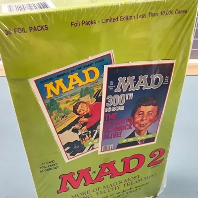 Unopened box of MAD 2 trading cards by Lime Rock, containing 36 foil packs, circa 1992.