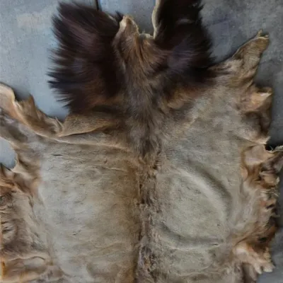 Natural animal hide rug featuring a mix of short tan fur and longer, dark brown fur at one end.