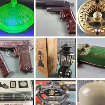 A grid of vintage collectibles including a Coors neon sign, uranium glass dish, Orvis fly reel, stoneware crock, ventriloquist doll,...