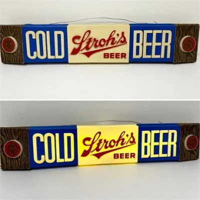 Sale Photo Thumbnail #55: Vintage Stroh's Beer lighted bar sign featuring faux wood grain ends and "Cold Stroh's Beer" lettering, shown both unlit and illuminated.
