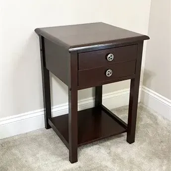 Sale Photo Thumbnail #58: Contemporary dark brown wood nightstand featuring two drawers with round silver pulls and a lower open shelf.