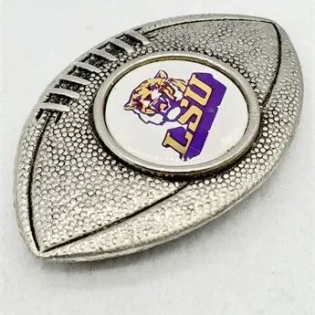 Sale Photo Thumbnail #63: Pewter-tone football-shaped belt buckle featuring a central LSU Tigers logo insert.