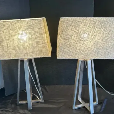 Modern Geometric Brushed Silver Table Lamps with Linen Shades - Pair