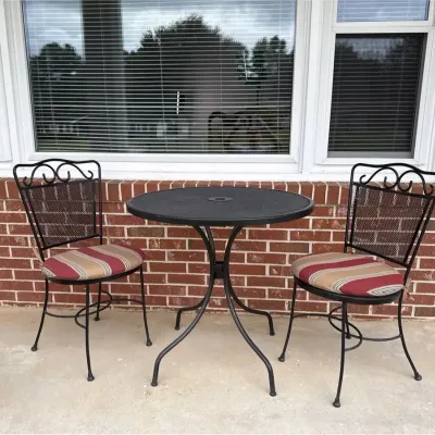 3-Piece Wrought Iron Style Outdoor Patio Bistro Table & Cushioned Chairs Set