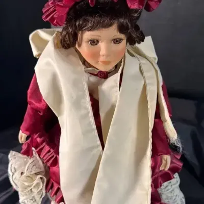 Vintage Victorian-Style Porcelain Collector Doll in Maroon & Cream Velvet Dress