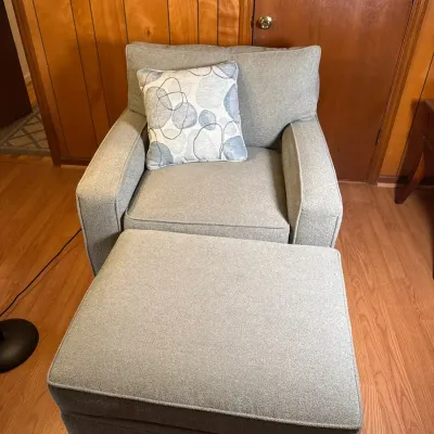 Modern Gray Upholstered Armchair and Matching Storage Ottoman Set