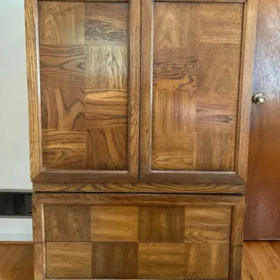 Vintage Mid-Century Style Oak Armoire / Gentleman's Chest with Parquetry Doors