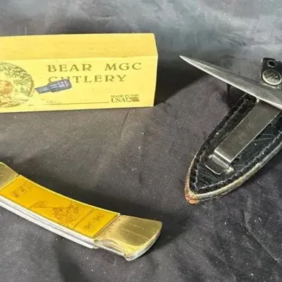 Vintage Bear MGC Cutlery Folding Pocket Knife with Box & Fixed Boot Knife Set
