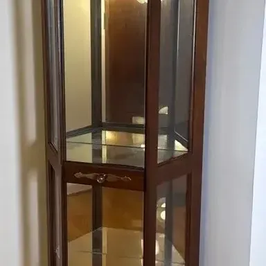 Traditional Lighted Corner Curio Cabinet with Glass Shelves & Mirror Back
