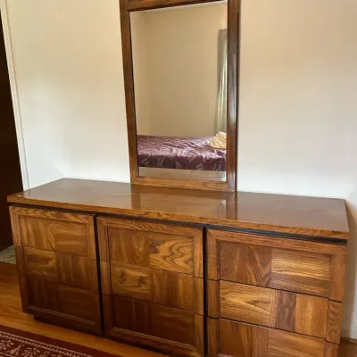 Vintage Mid-Century Style Oak Triple Dresser and Matching Landscape Mirror