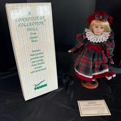 Vintage Seymour Mann Doll Collectors Guild Porcelain Doll in Plaid Dress w/ COA