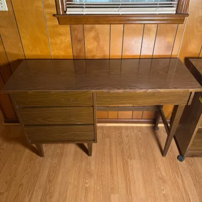 Mid-Century Modern Style Faux Wood Grain Student Desk with 3 Drawers