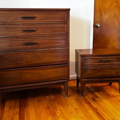 Mid-Century Modern Dixie Furniture Walnut Tallboy Dresser & Nightstand Set