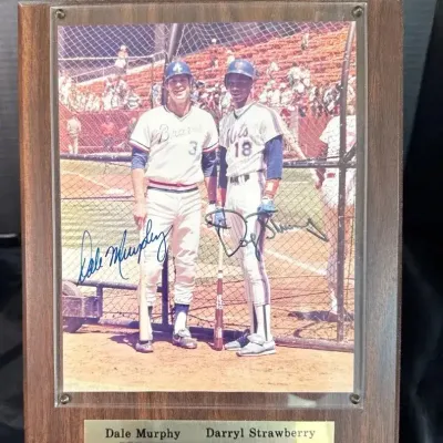 Autographed Dale Murphy & Darryl Strawberry Signed Baseball Photo Plaque