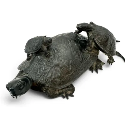Sale Photo Thumbnail #73: Japanese Meiji period bronze okimono depicting a large turtle with two smaller turtles climbing on its shell, featuring a dark patinated finish and detailed shell textures.