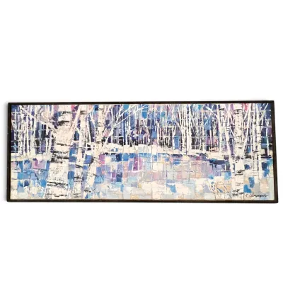 Sale Photo Thumbnail #67: Mid-century modern panoramic oil painting of a winter birch forest by R. Campagnolo, featuring textured palette knife work in shades of blue, purple, and white.