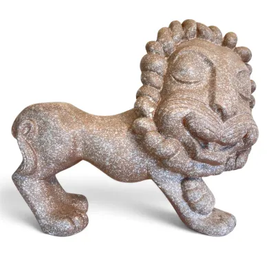 Sale Photo Thumbnail #52: Mid-century modern ceramic lion figurine with a textured, speckled brown and white glaze, featuring a stylized, smiling face and curly mane.