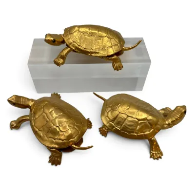 Sale Photo Thumbnail #12: Trio of vintage Boehm porcelain turtle figurines with detailed shells and polished finishes, shown with a clear acrylic display block.