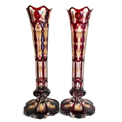Sale Photo Thumbnail #46: Pair of Bohemian ruby cut-to-clear glass trumpet vases, featuring intricate gold-gilt hand-painted detailing and scalloped rims.