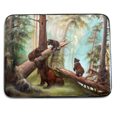 Sale Photo Thumbnail #92: Russian Fedoskino lacquer box lid featuring a hand-painted scene of bears in a pine forest, inspired by Ivan Shishkin's famous painting.