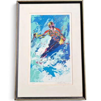 Sale Photo Thumbnail #66: Framed and matted artist's proof serigraph by LeRoy Neiman, depicting a skier in his signature vibrant, expressionistic style.