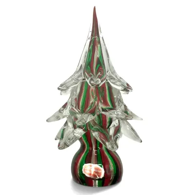 Sale Photo Thumbnail #25: Murano art glass Christmas tree figurine featuring red, green, and gold aventurine swirls, complete with its original maker's label on the base.