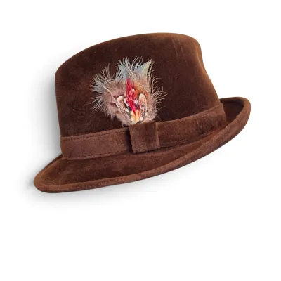 Sale Photo Thumbnail #168: Vintage brown velour fedora hat featuring a matching band and a colorful feather accent.