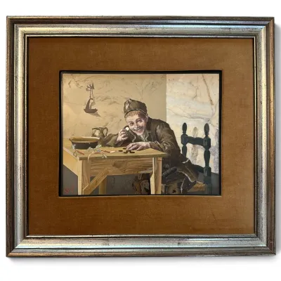 Sale Photo Thumbnail #64: Italian pietre dure mosaic plaque depicting a smiling boy counting coins at a table, housed in a silver-gilt frame with a velvet mat.