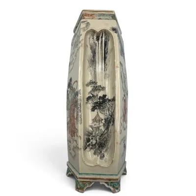 Sale Photo Thumbnail #70: Vintage Chinese porcelain hat stand or vase with a hexagonal shape, featuring hand-painted landscape scenes and figures in traditional attire.