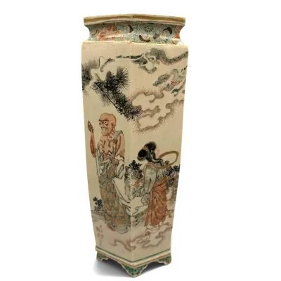 Sale Photo Thumbnail #71: Antique Chinese Satsuma-style square porcelain vase, featuring hand-painted figures, a dragon in the clouds, and decorative borders on a crackle-glaze background.