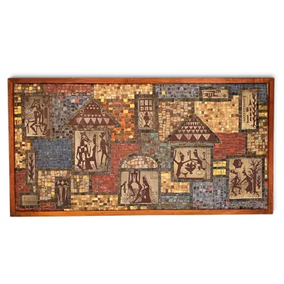 Sale Photo Thumbnail #69: Mid-century modern mosaic wall art by David Holleman featuring stylized figures and houses in earthy tones, housed in a simple wood frame.