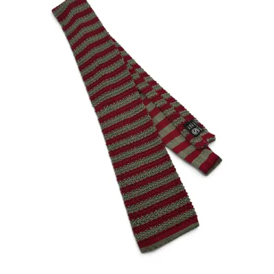 Sale Photo Thumbnail #163: Hermes Vintage knit necktie featuring horizontal stripes in burgundy and sage green, made in Italy.